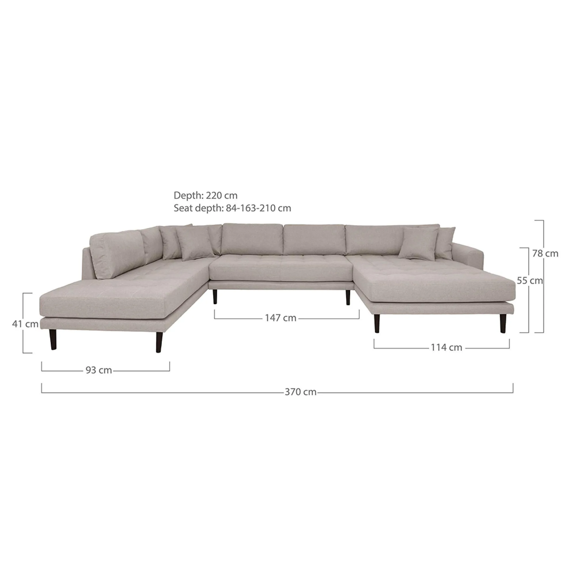 Lido U-Shaped Sofa Open End with Black Legs - Stone