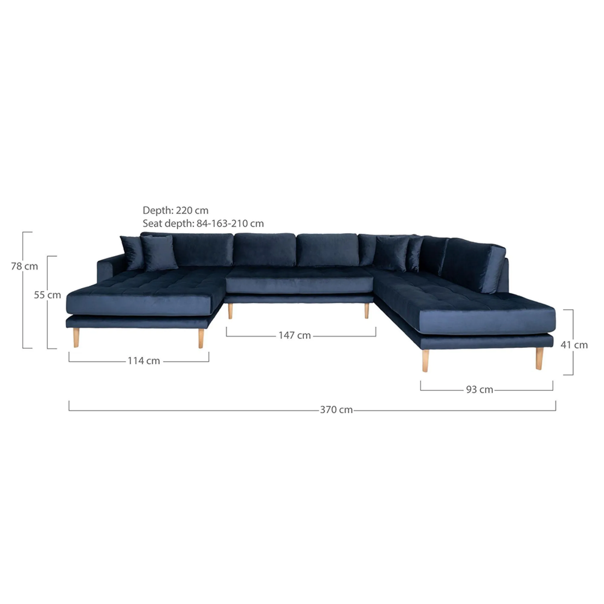 Lido U-Shaped Sofa Open End with Natural Legs - Dark Blue