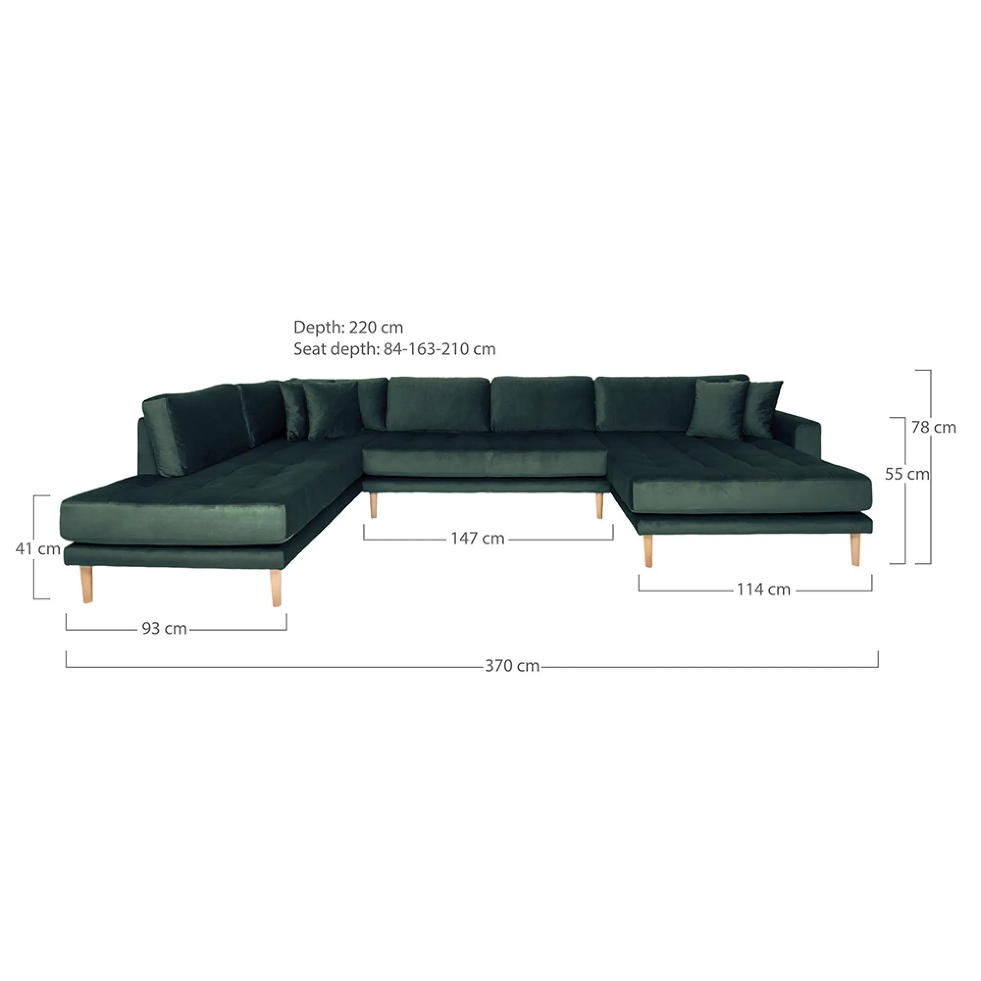 Lido U-Shaped Sofa Open End with Natural Legs - Dark Green