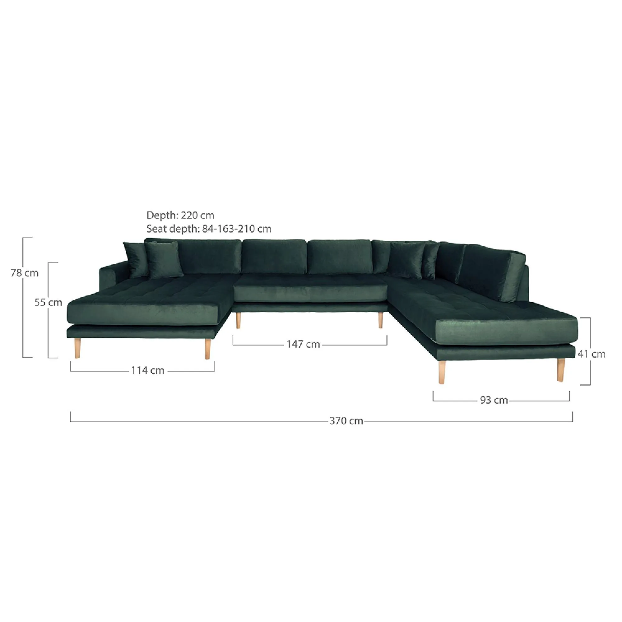 Lido U-Shaped Sofa Open End with Natural Legs - Dark Green