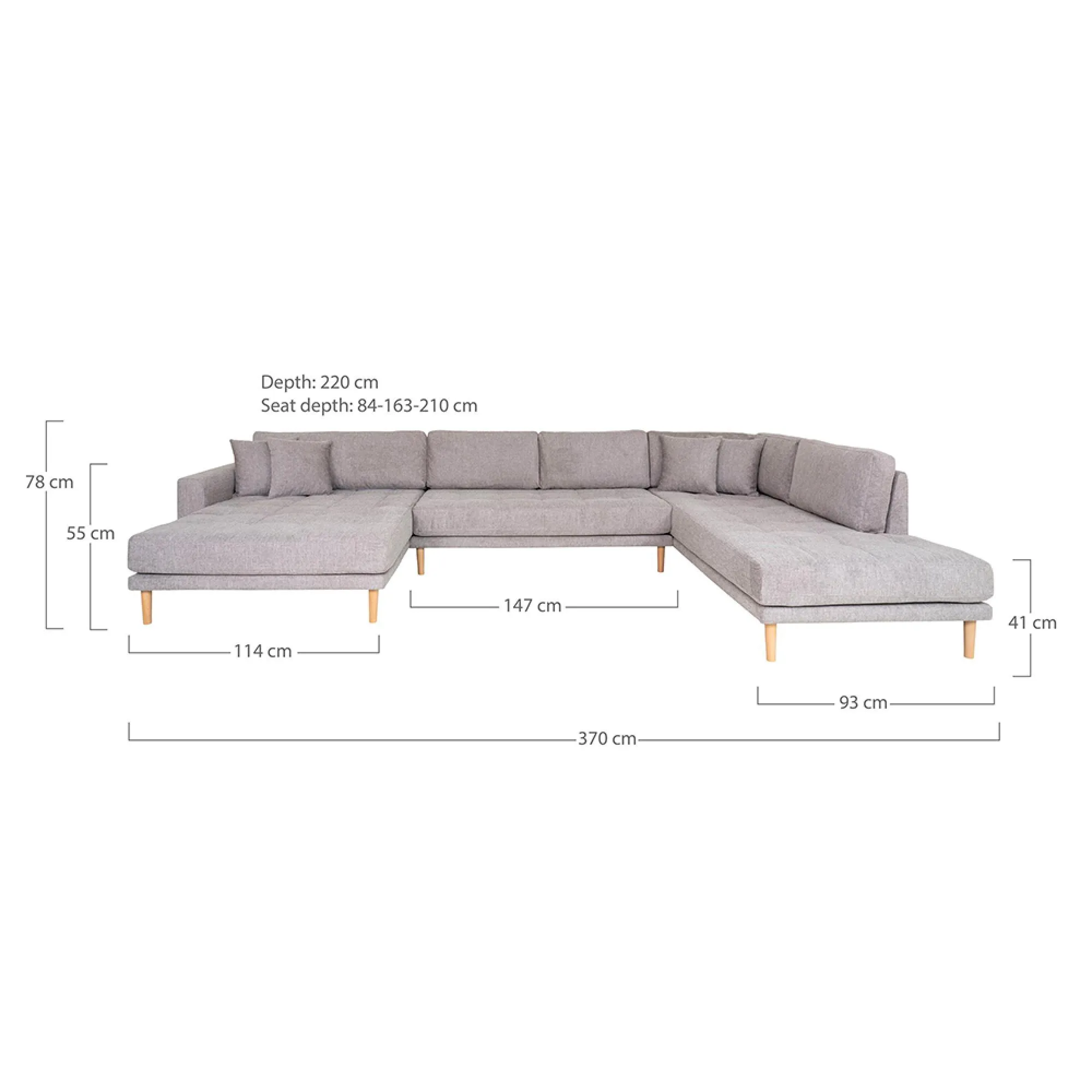 Lido U-Shaped Sofa Open End with Natural Legs - Light Grey