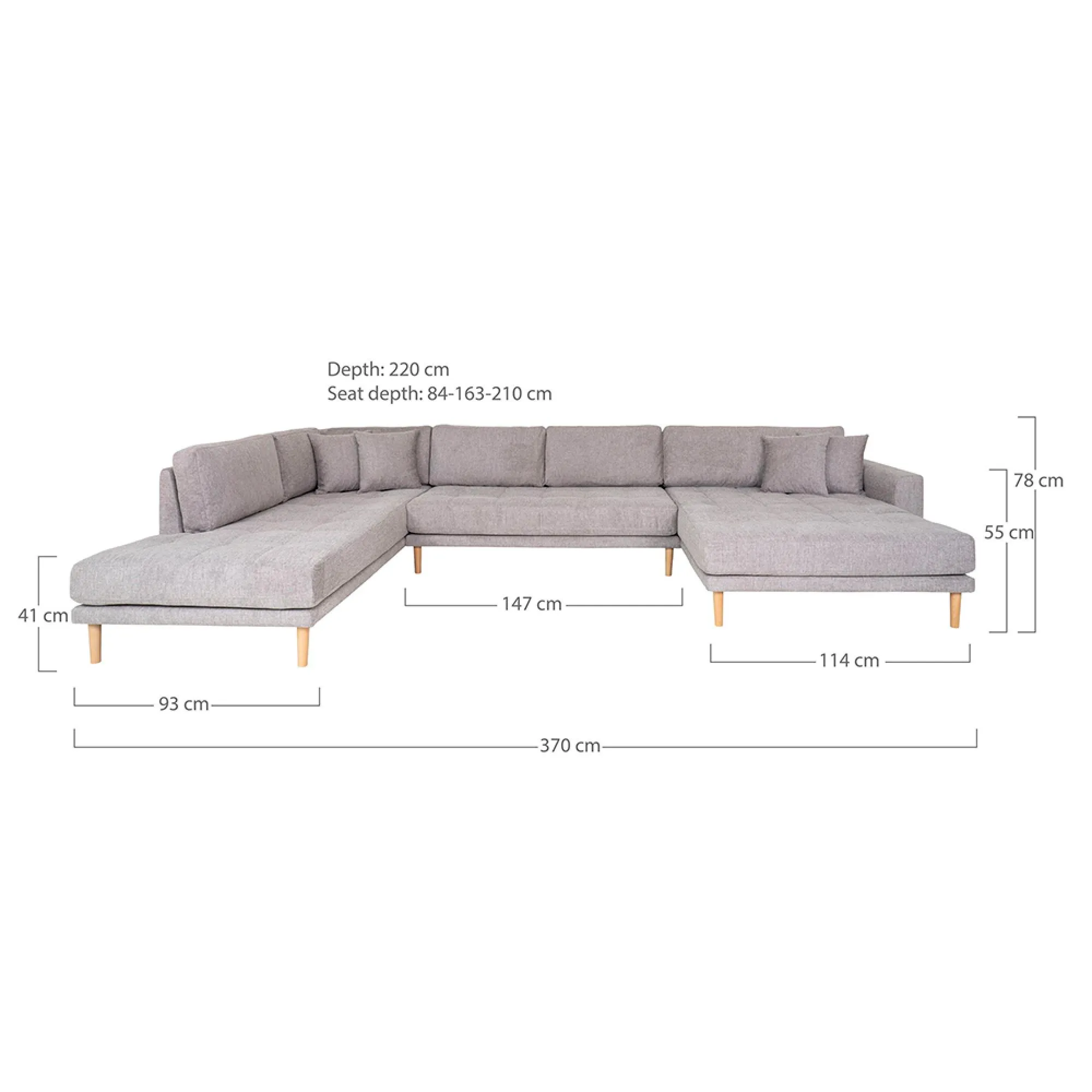 Lido U-Shaped Sofa Open End with Natural Legs - Light Grey