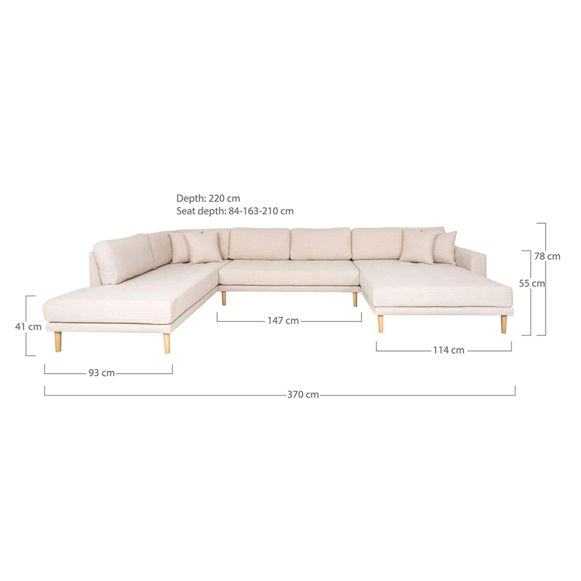 Lido U-Shaped Sofa Open End with Natural Legs - Sand