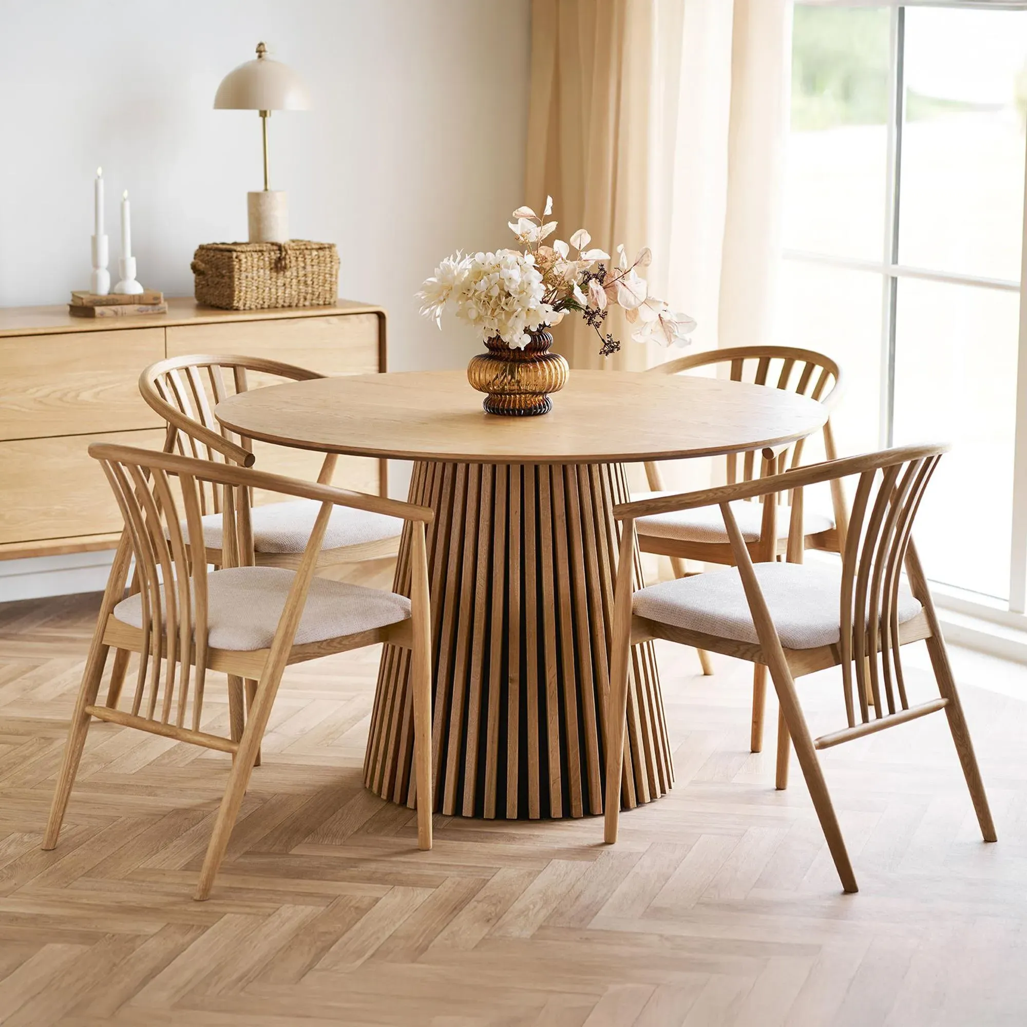 Osaka 4-Seater Round Dining Table with Slatted Base - Oak