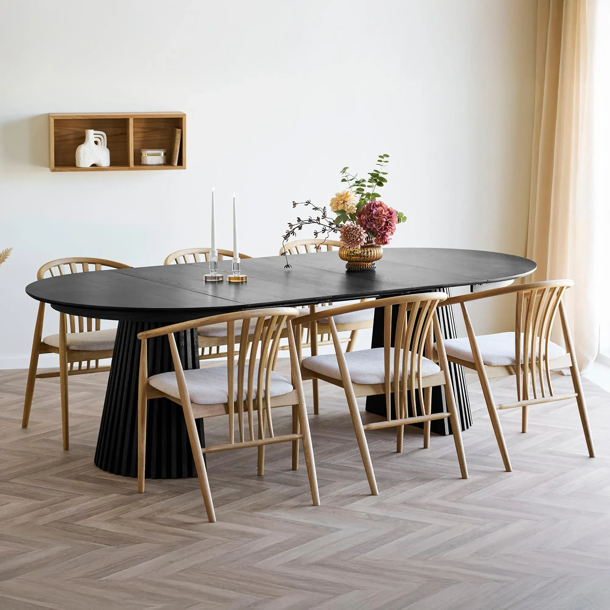 Osaka Round Extending Dining Table with Slatted Base - Black Oak