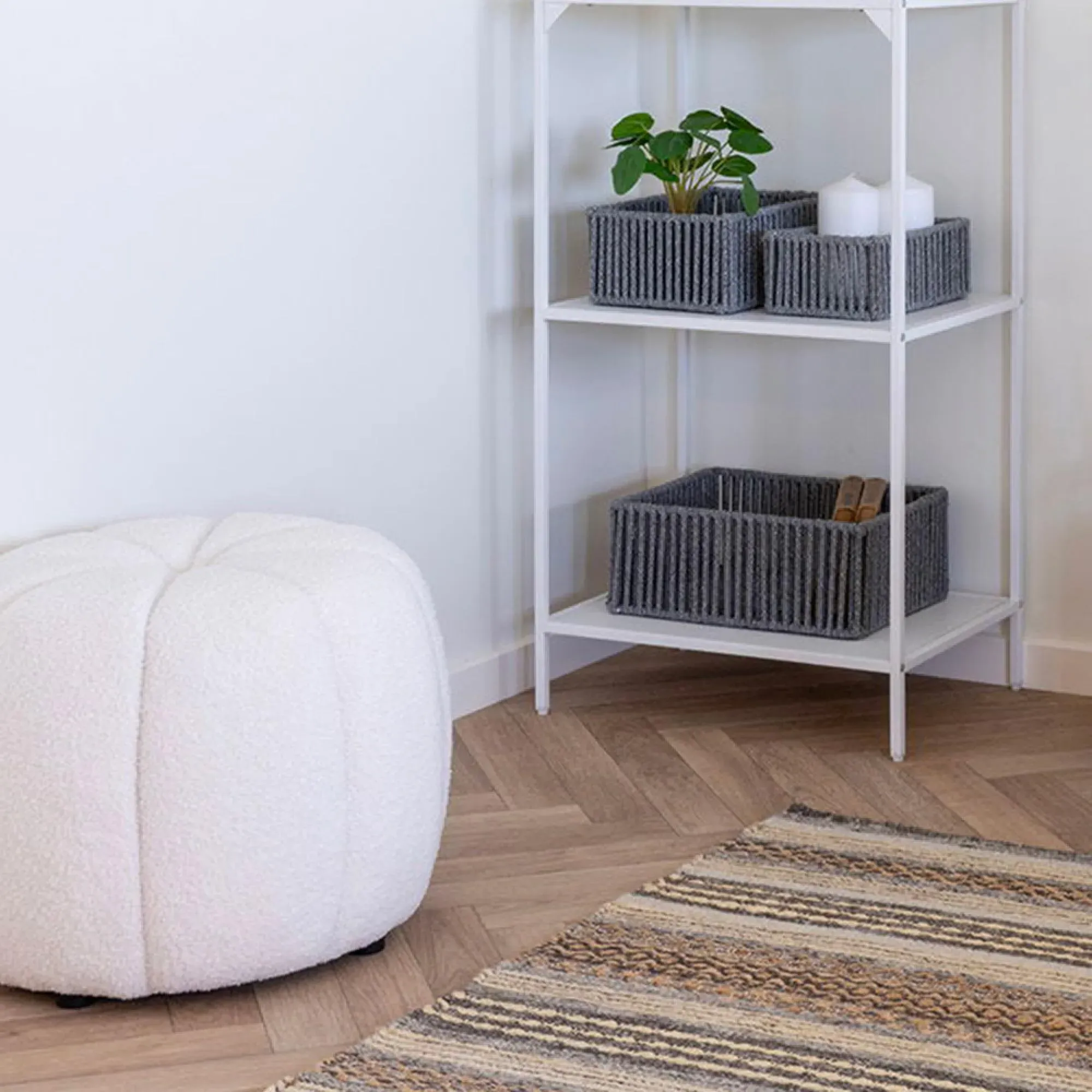 Paisley Round Pouf - Off White, Fabric