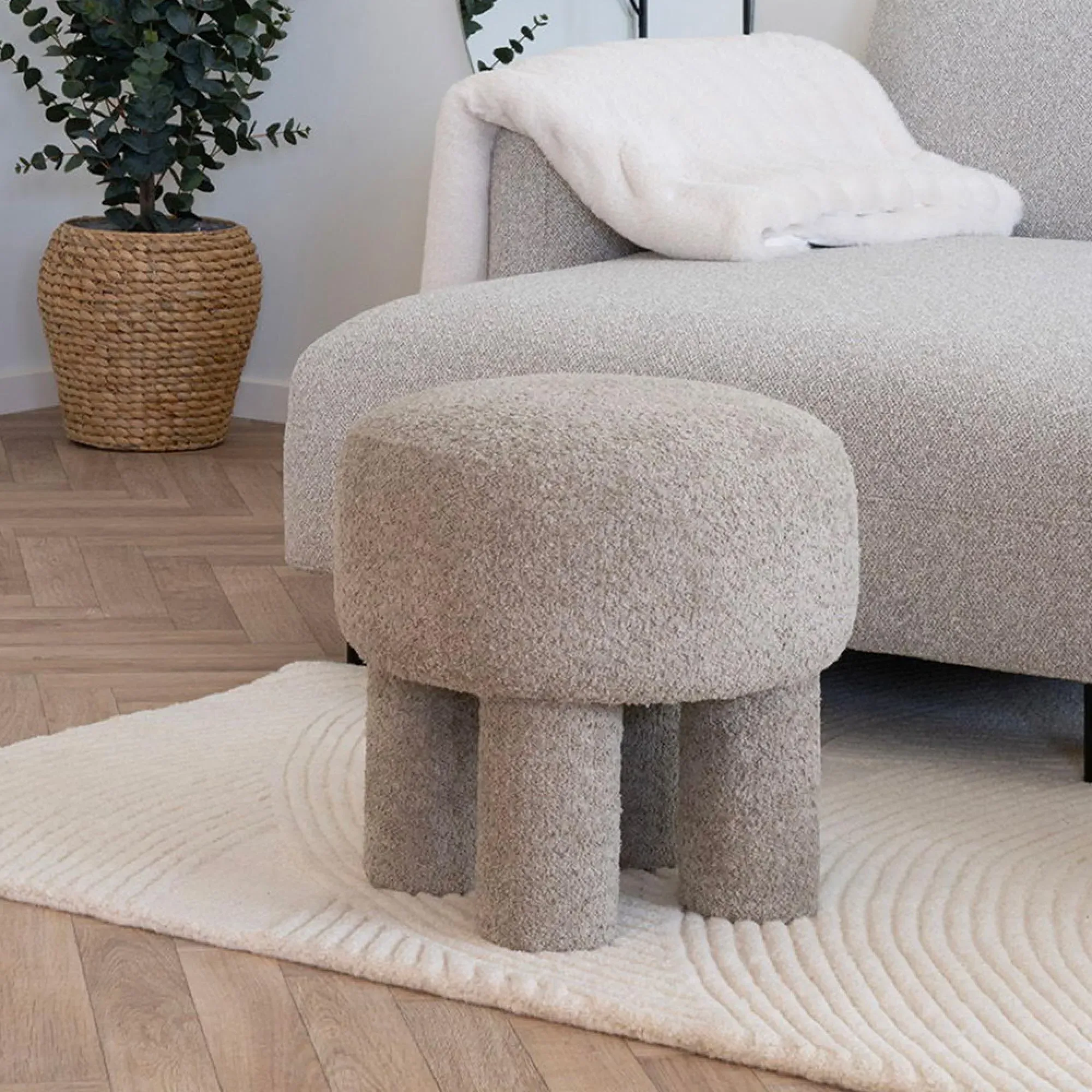 Perth Round Pouf - Light Grey, Fabric