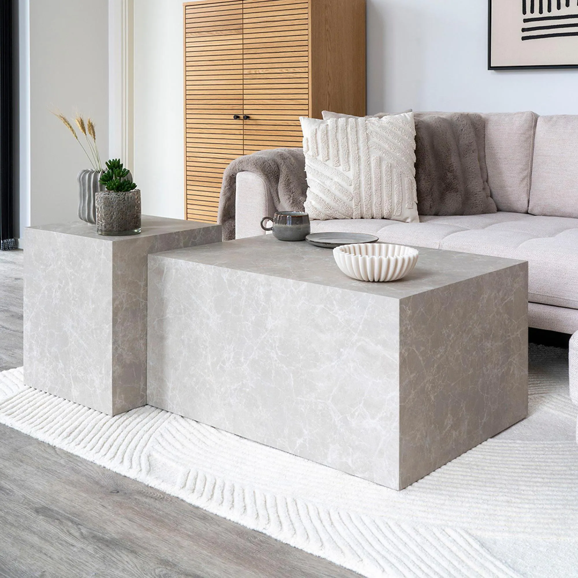Prague Square Side Table - Beige, Marble Effect
