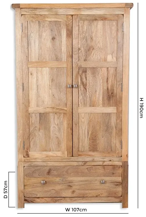 Bombay 2 Door Wardrobe with Drawer - Mango Wood