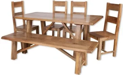 Bombay 6-Seater Dining Set with 4 Chairs and Bench - Mango Wood