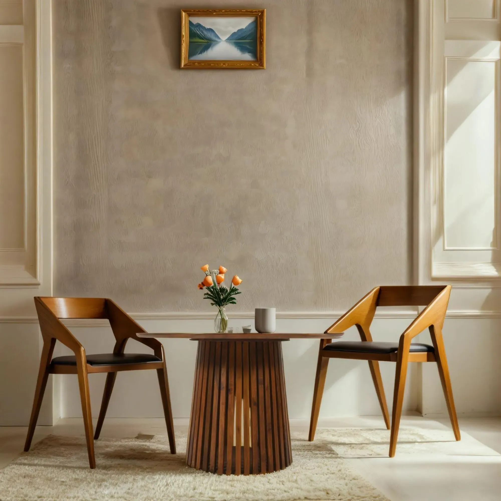 Amber Slatted 4 Seater Round Dining Table - Warm Walnut, Mango Wood