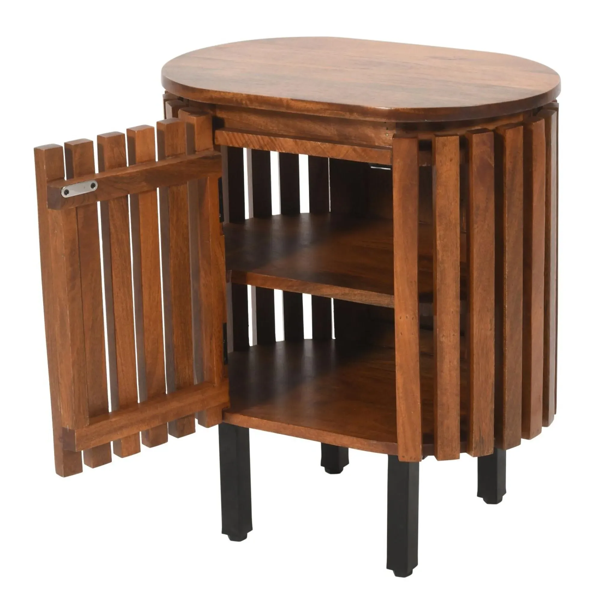 Amber Slatted Mango Wood 1 Door Bedside Table - Warm Walnut