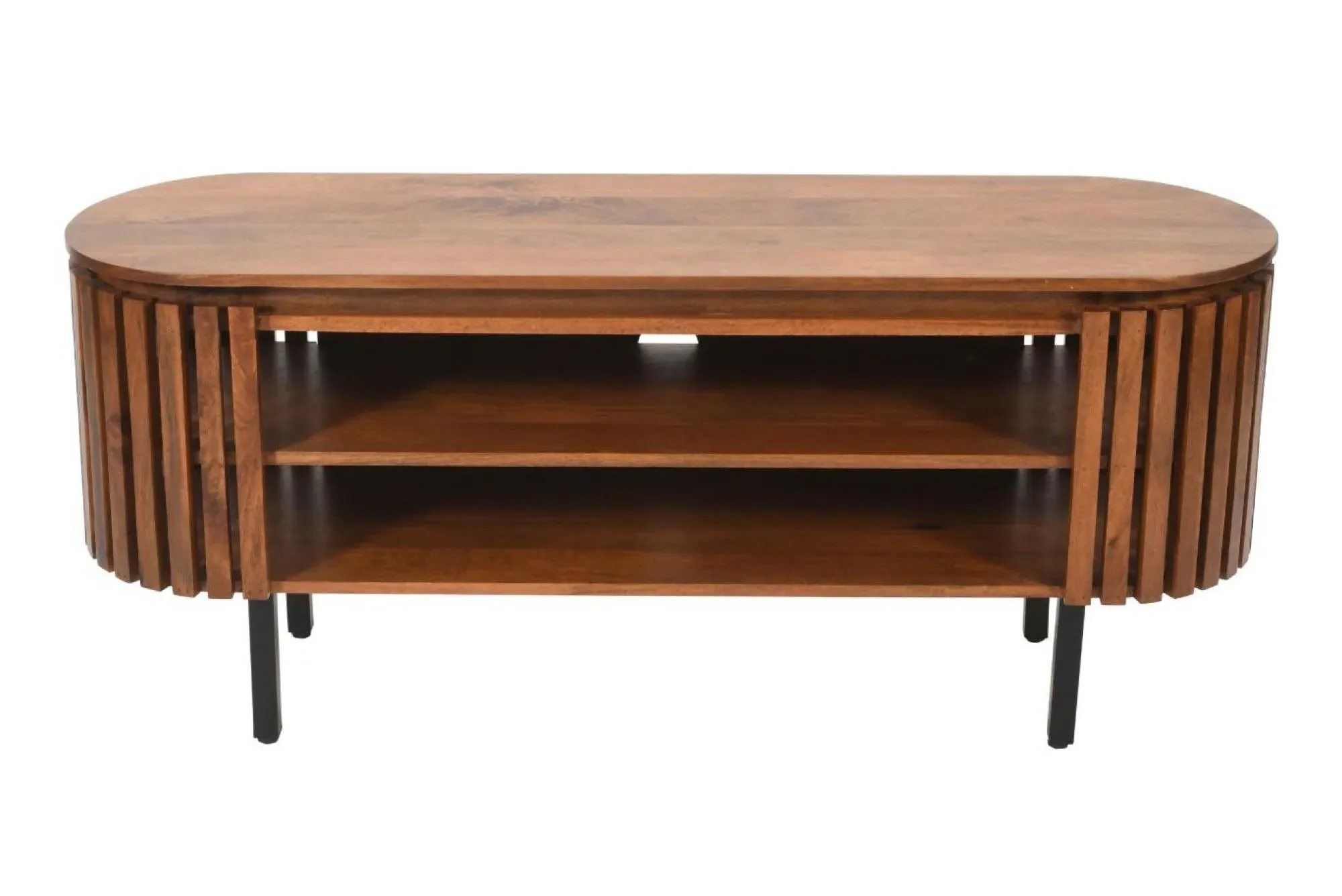 Amber Slatted Mango Wood 140cm Oval TV Unit - Warm Walnut