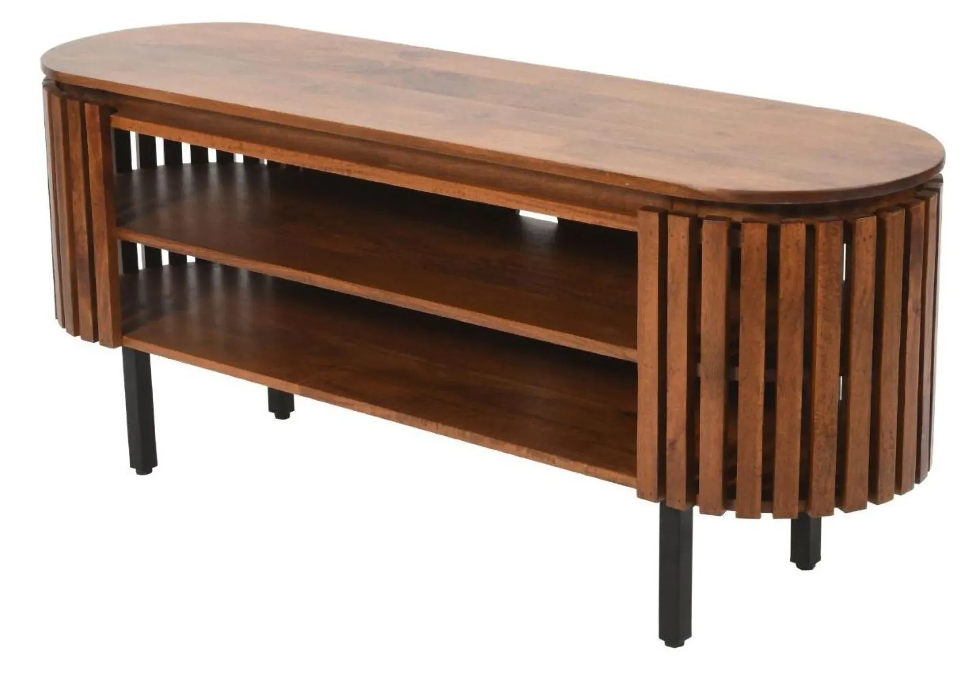 Amber Slatted Mango Wood 140cm Oval TV Unit - Warm Walnut
