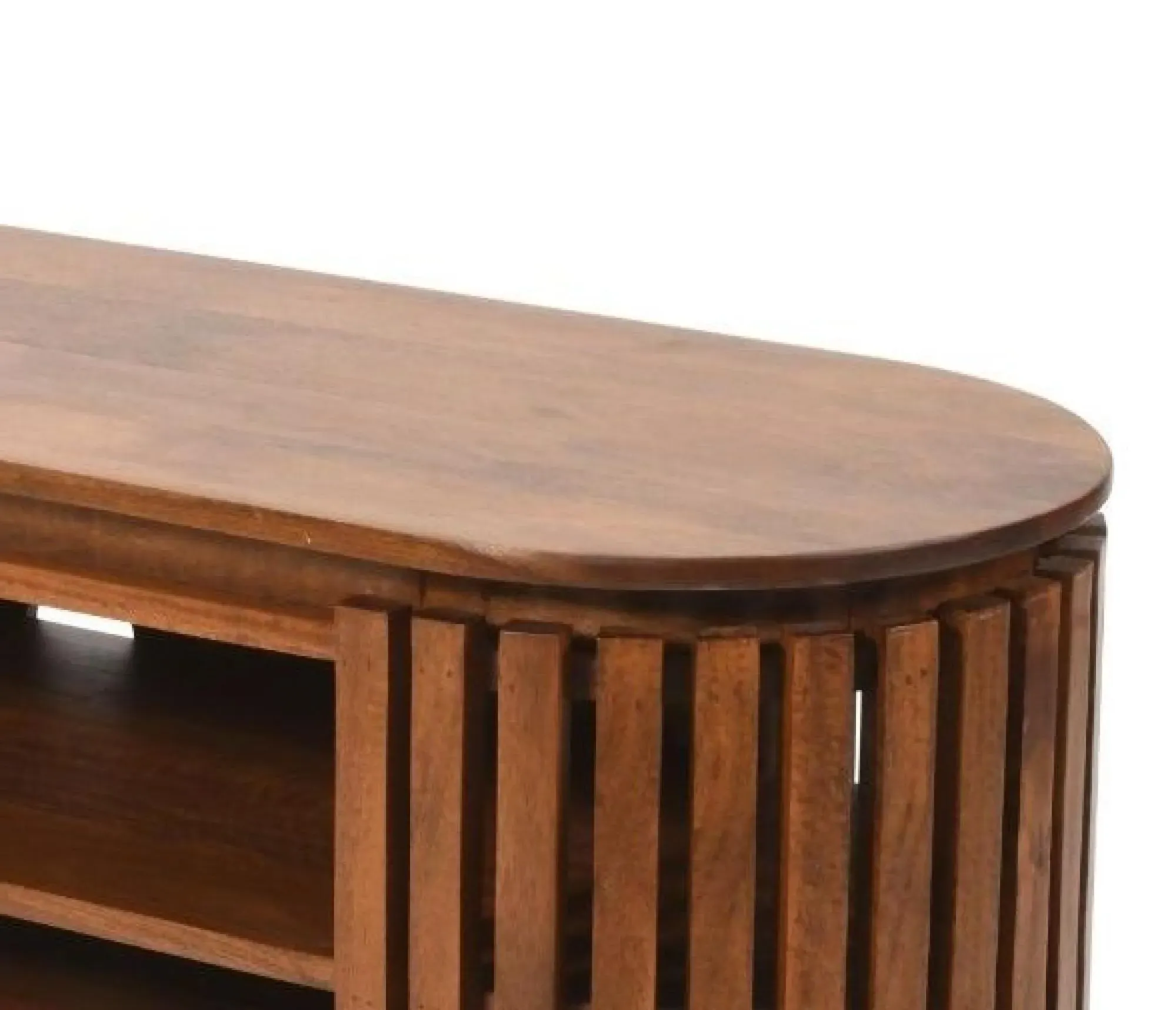 Amber Slatted Mango Wood 140cm Oval TV Unit - Warm Walnut