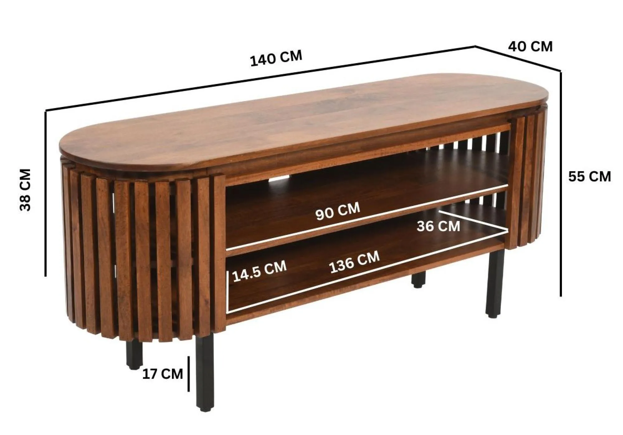Amber Slatted Mango Wood 140cm Oval TV Unit - Warm Walnut