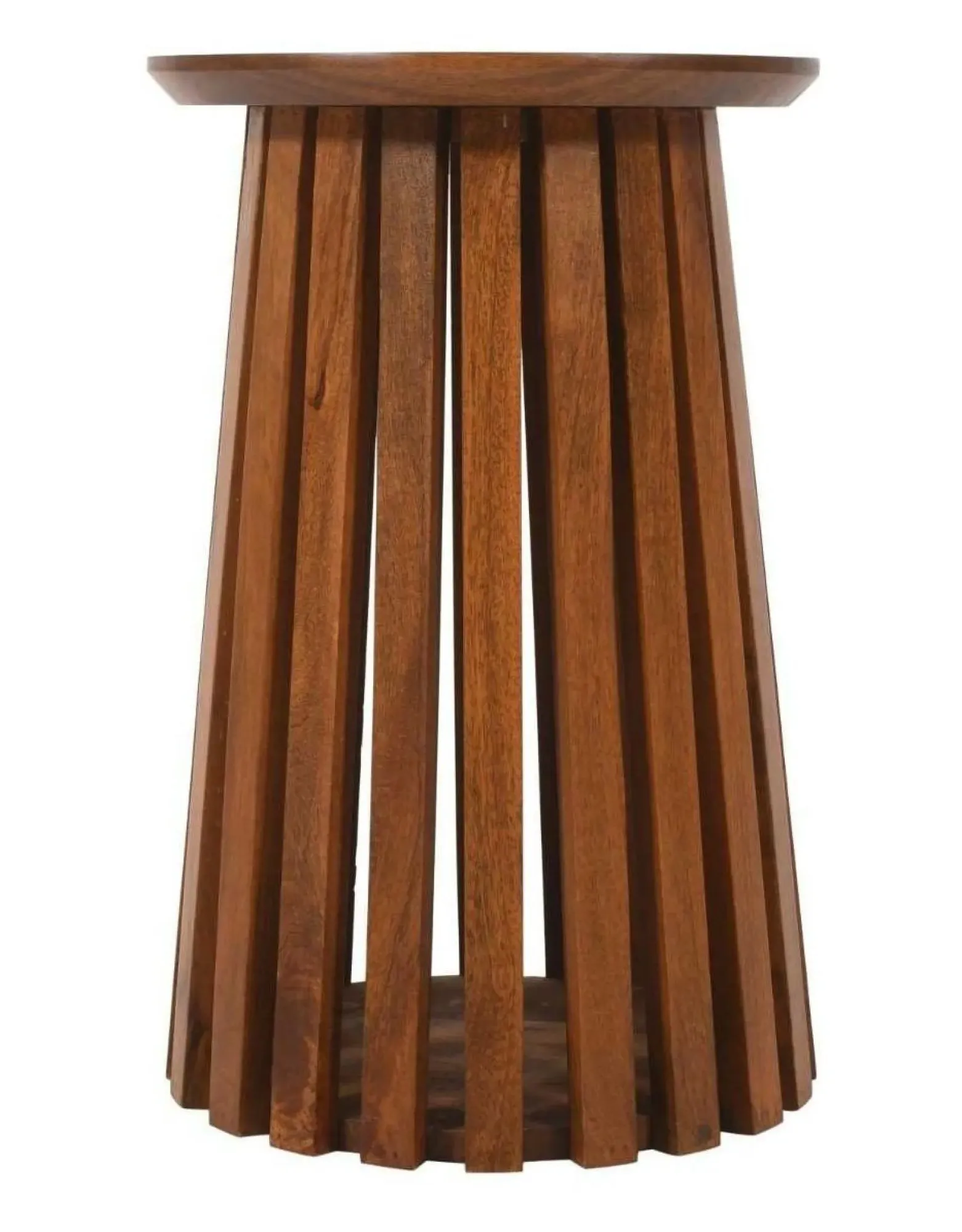 Amber Slatted Round Side Table - Warm Walnut, Mango Wood