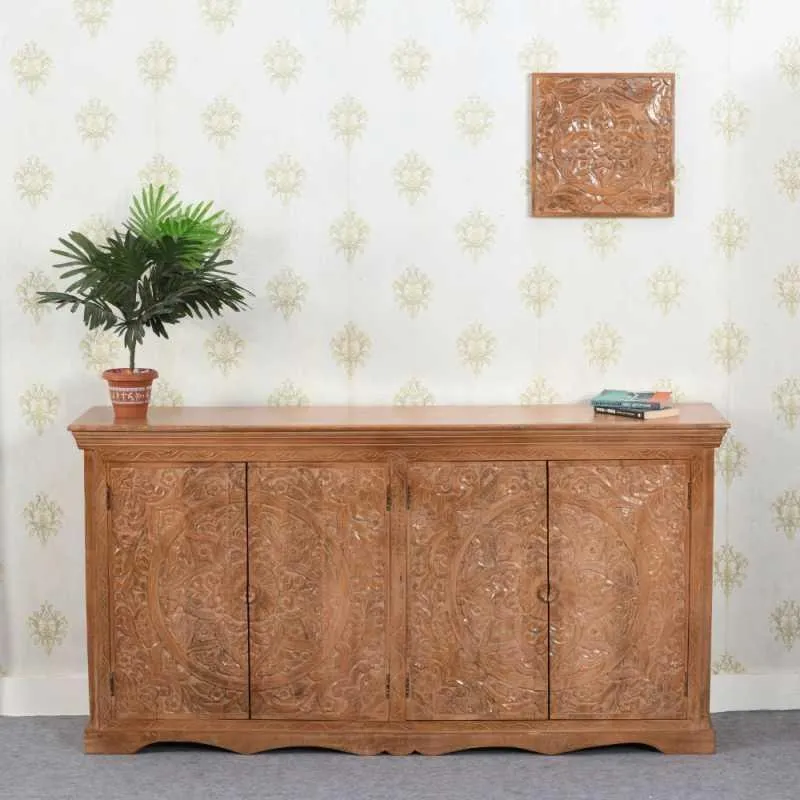 Artwork Carved Extra Large Sideboard 4 Doors - Brown, Mango Wood