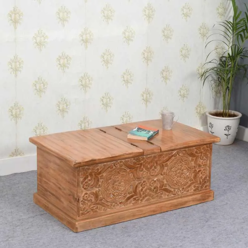 Artwork Carved Trunk Box Coffee Table - Brown, Mango Wood