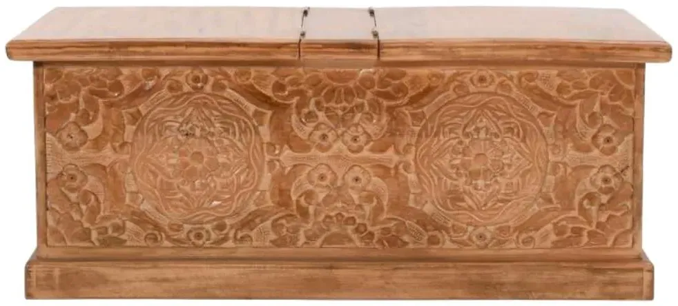 Artwork Carved Trunk Box Coffee Table - Brown, Mango Wood