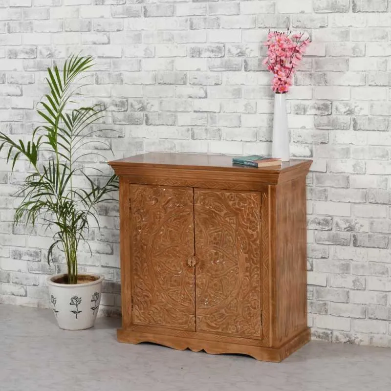 Carved Small Sideboard with 2 Doors - Brown, Mango Wood