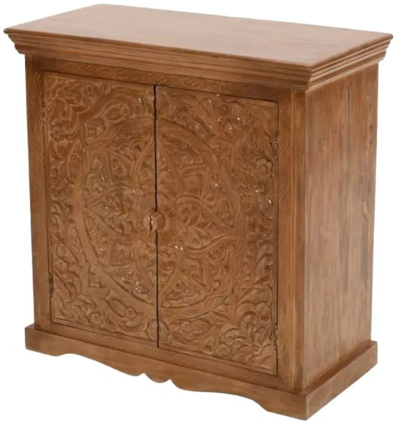 Carved Small Sideboard with 2 Doors - Brown, Mango Wood