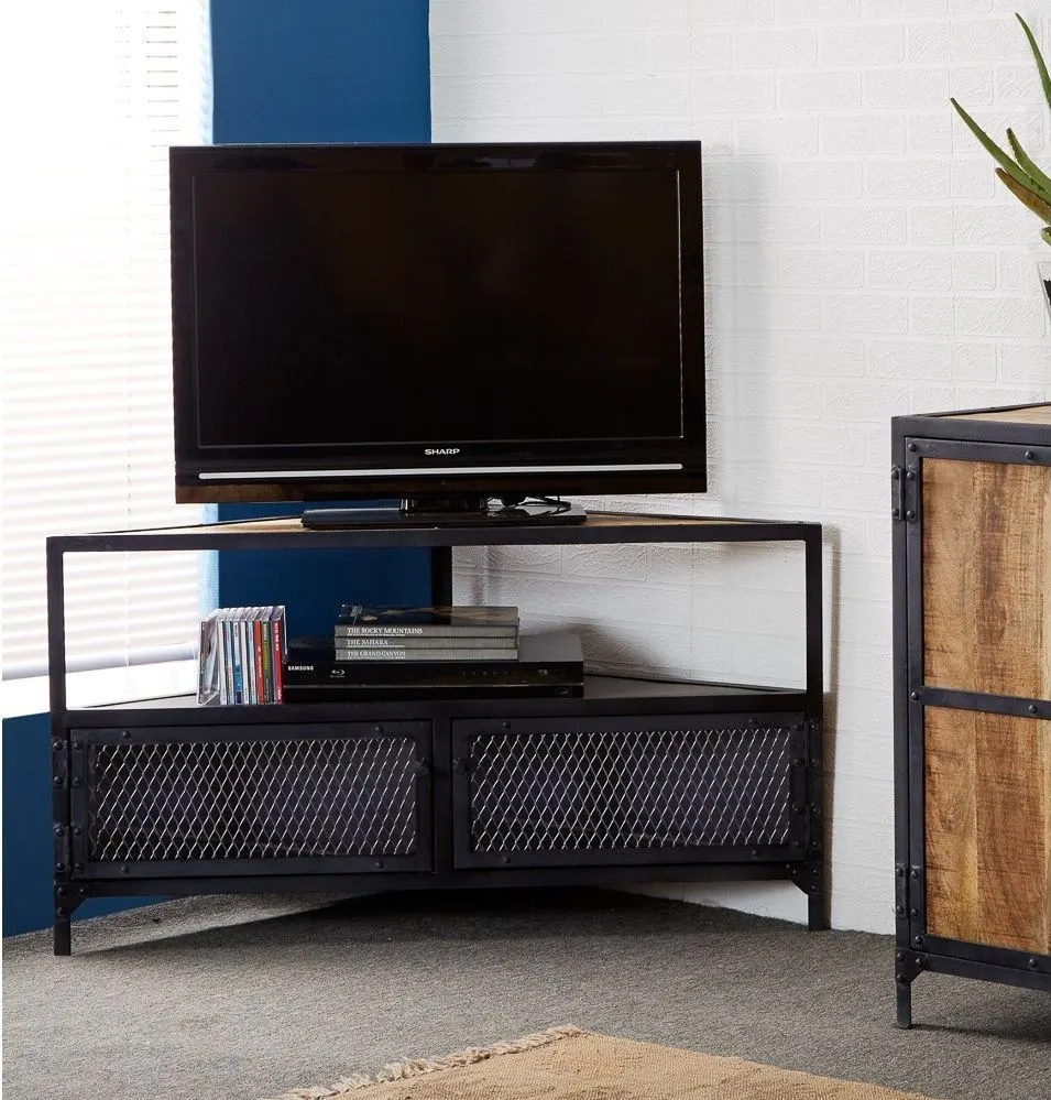 Chamba Corner TV Unit - Black, Wood and Iron