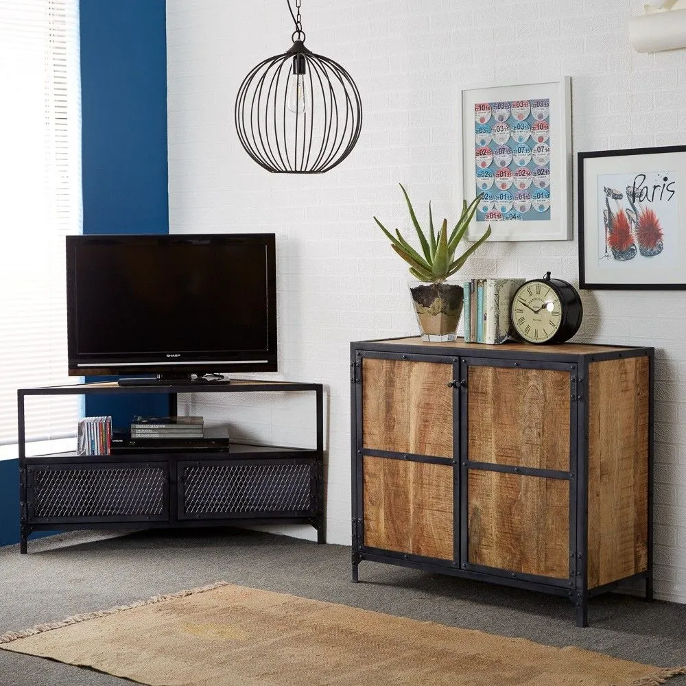 Chamba Corner TV Unit - Black, Wood and Iron