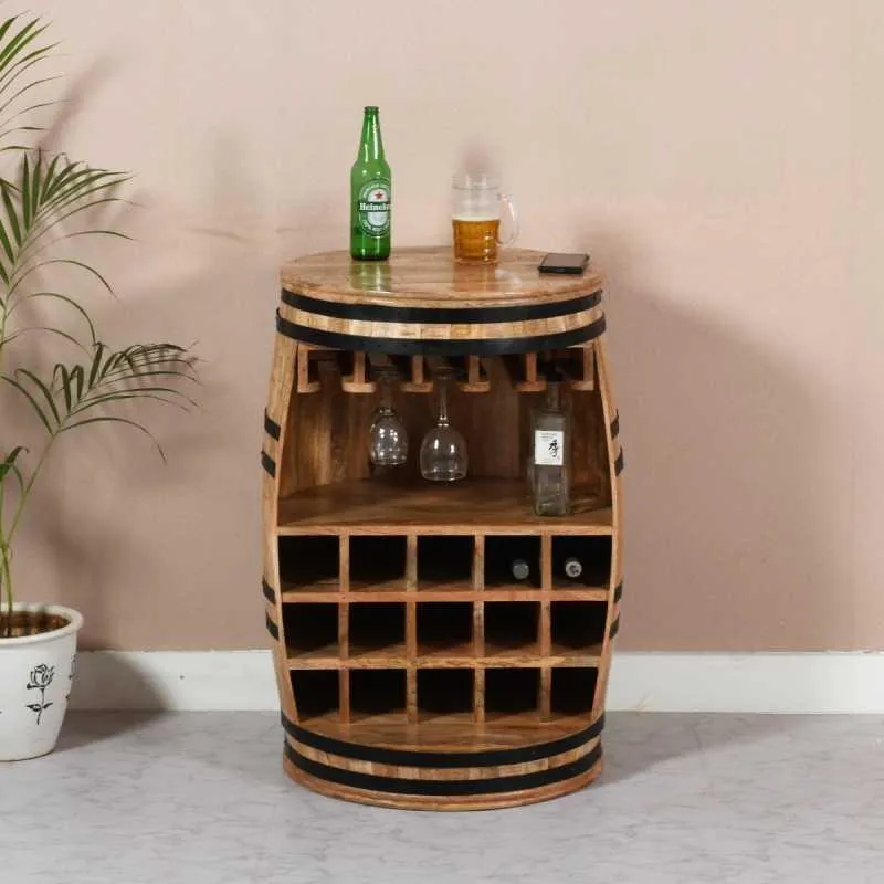 Dispur Solid Mango Wood Barrel Wine Cabinet - Brown