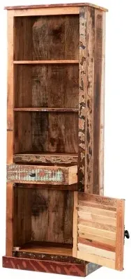 Diu Narrow Bookcase with Cupboard - Brown, Reclaimed Wood image