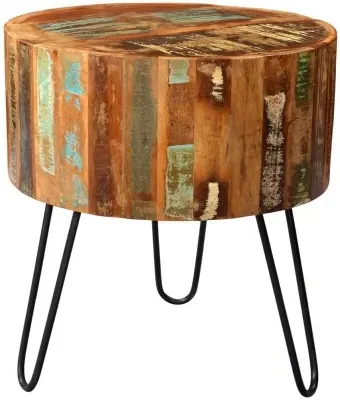Diu Round Side Table - Brown, Reclaimed Wood