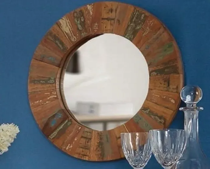 Diu Round Wall Mirror - Brown, Reclaimed Wood