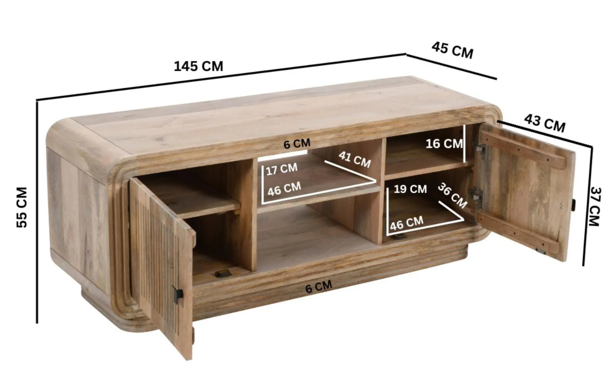 Hanover Ribbed Carved 145cm TV Unit - Natural Oak, Mango Wood