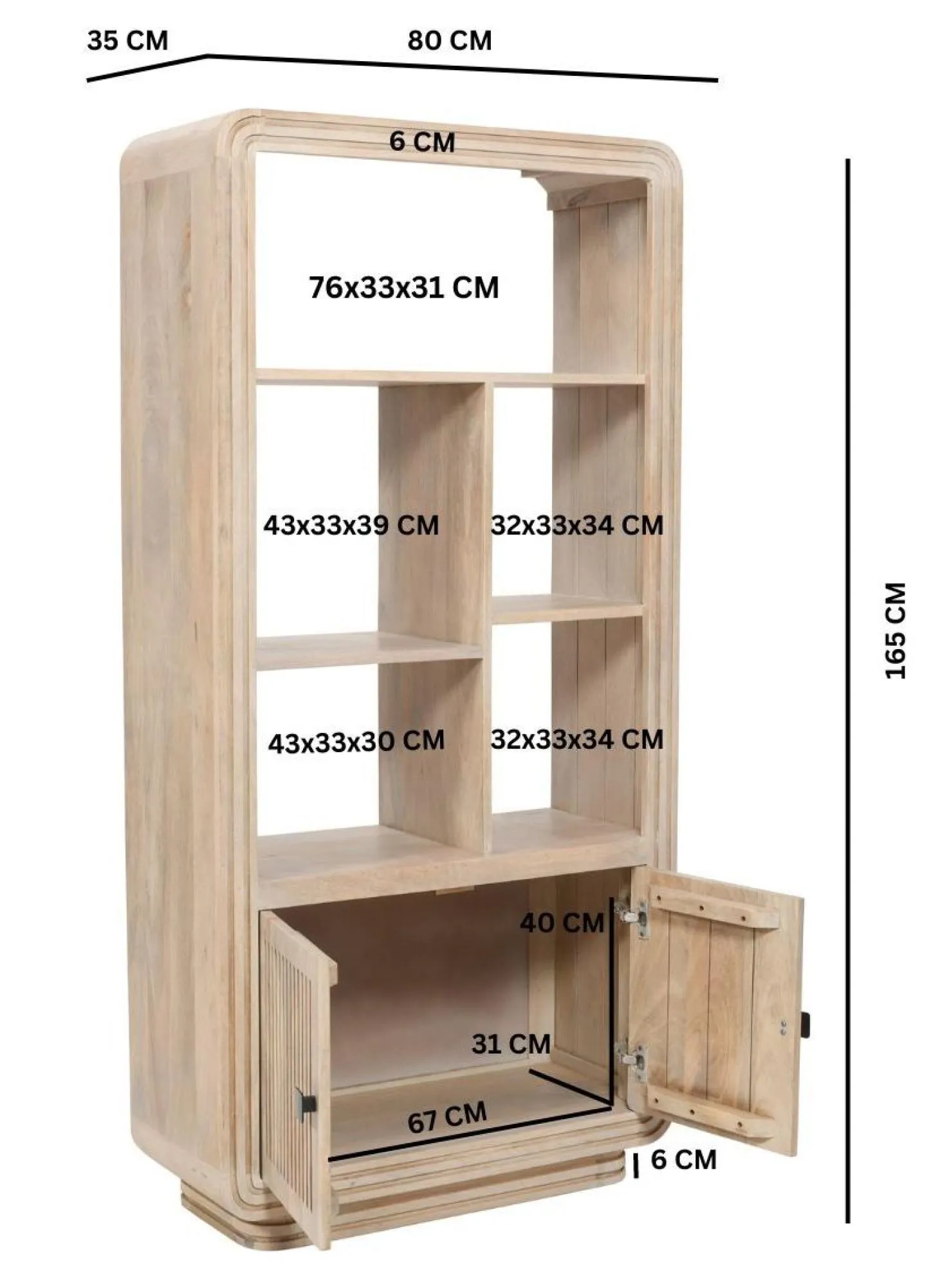 Hanover Ribbed Carved Bookcase with Cupboard - Natural Oak, Mango Wood