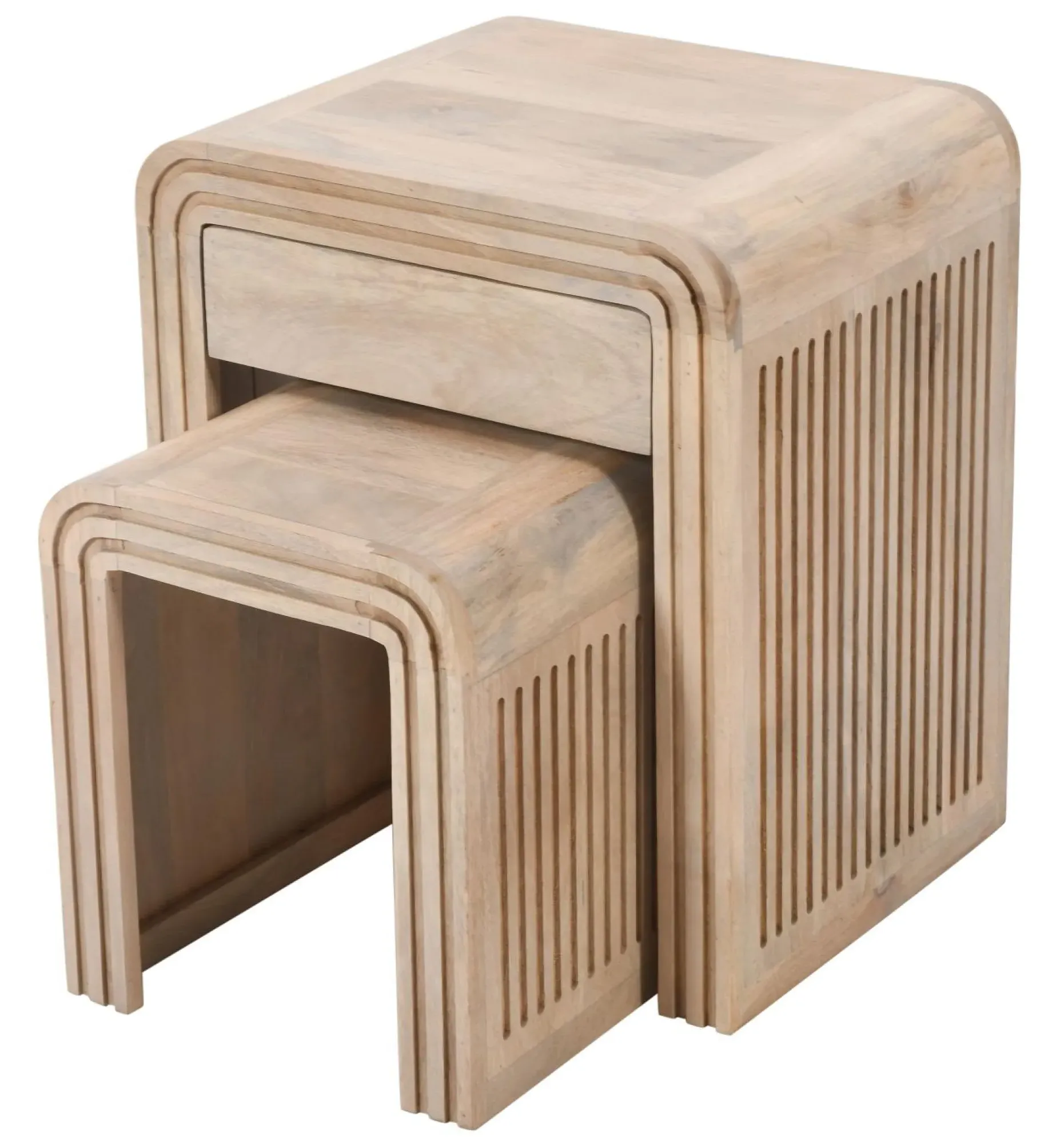 Hanover Ribbed Carved Nest of 2 Tables with Drawer - Lacquered, Mango Wood