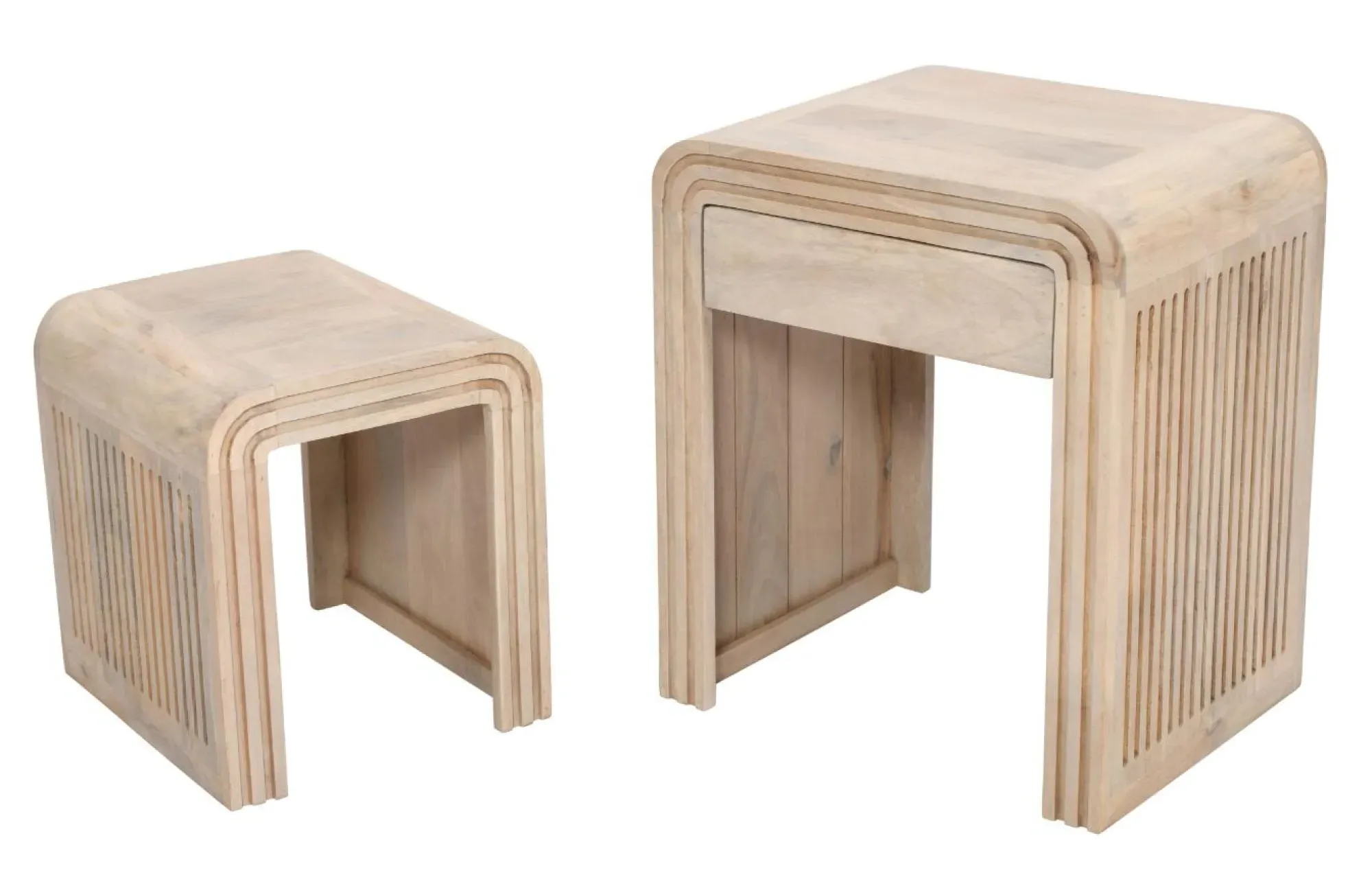Hanover Ribbed Carved Nest of 2 Tables with Drawer - Lacquered, Mango Wood