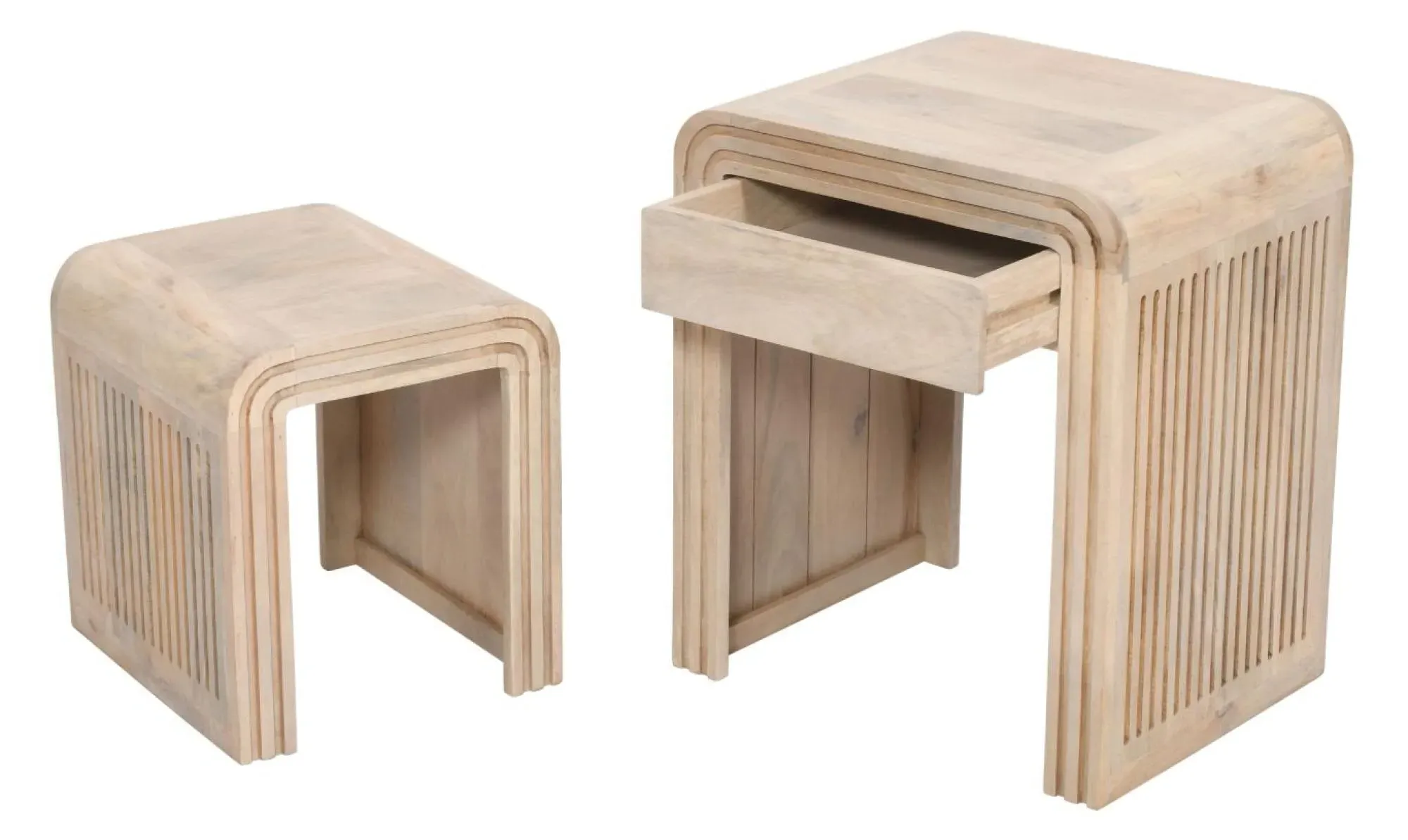 Hanover Ribbed Carved Nest of 2 Tables with Drawer - Lacquered, Mango Wood
