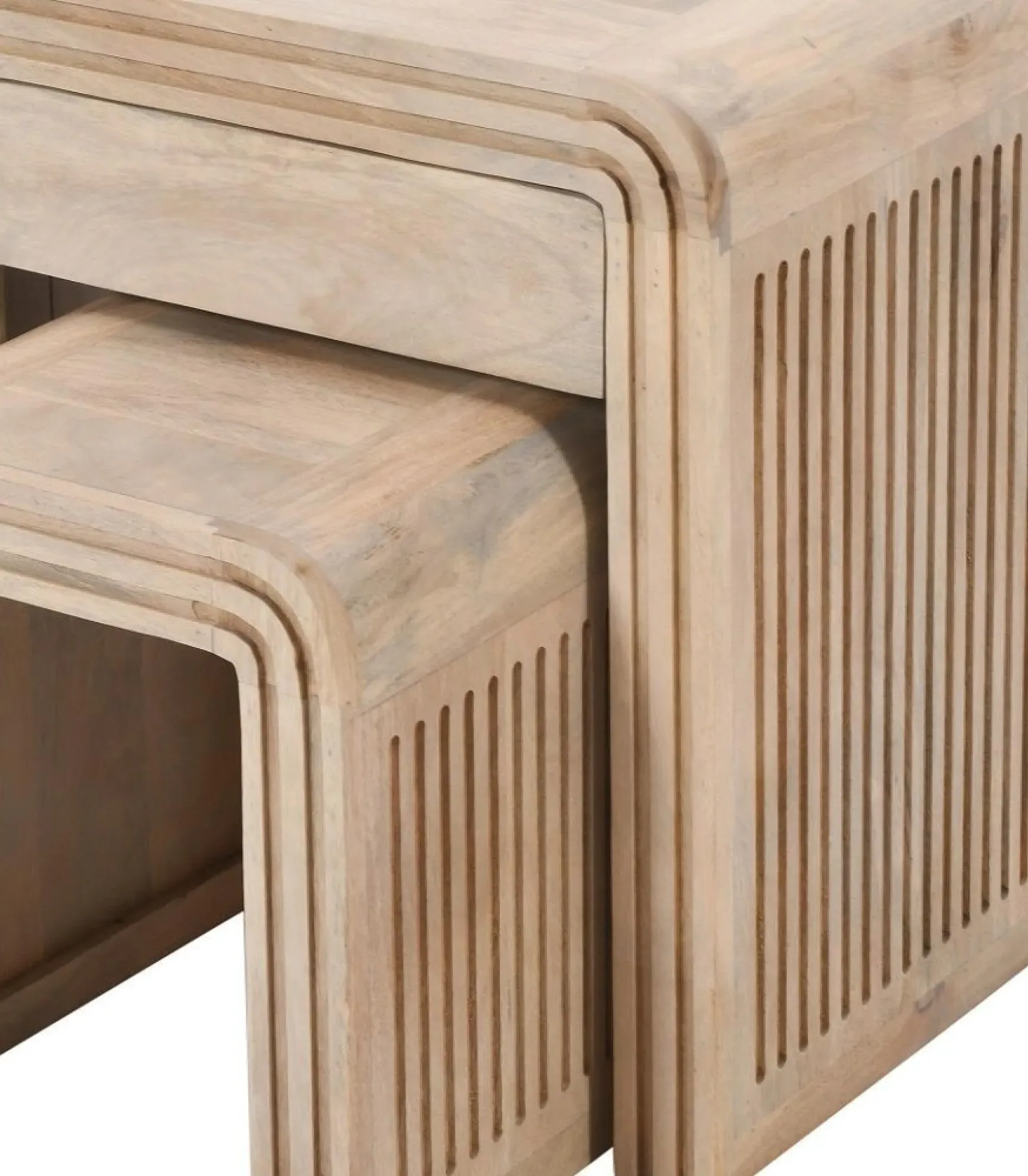 Hanover Ribbed Carved Nest of 2 Tables with Drawer - Lacquered, Mango Wood