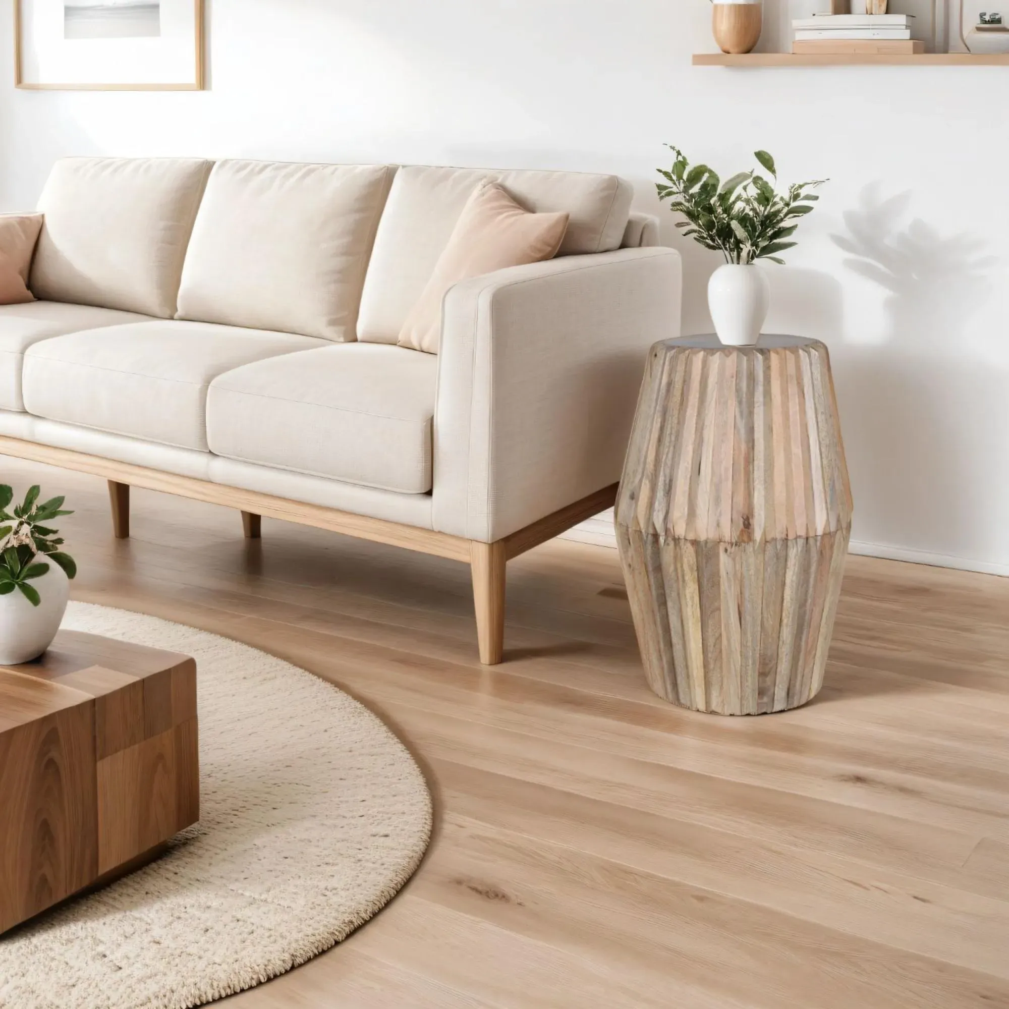 Hanover Round Ribbed Carved Side Table - Lacquered, Mango Wood