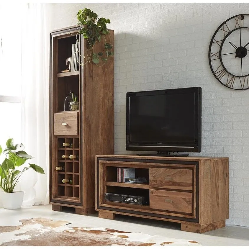 Hubli Tall Display Unit with Wine Rack - Natural Sheesham
