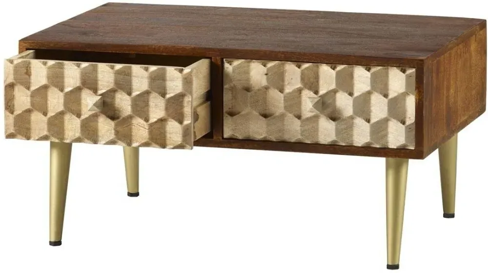 Imphal Mango Wood Geometric 2 Drawer Coffee Table - Two Tone