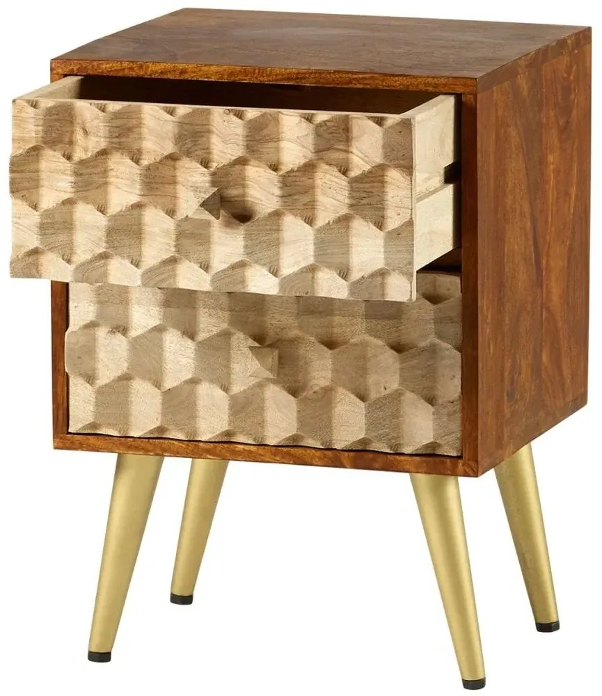 Imphal Mango Wood Geometric 2 Drawer Side Table - Two Tone