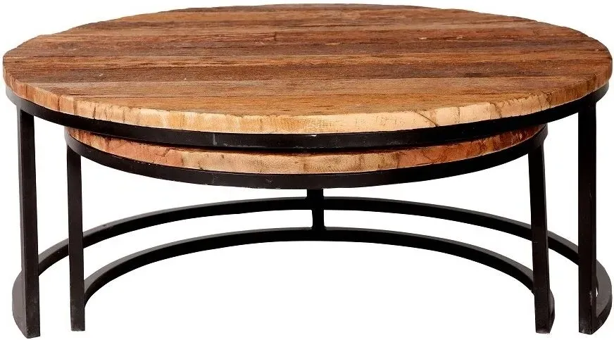 Indian Hub Round 2 Tier Coffee Tables - Brown, Reclaimed Wood