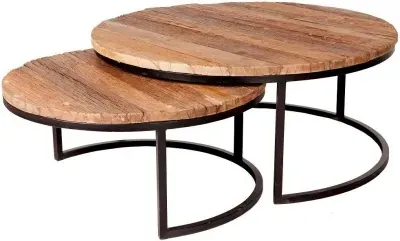 Indian Hub Round 2 Tier Coffee Tables - Brown, Reclaimed Wood image