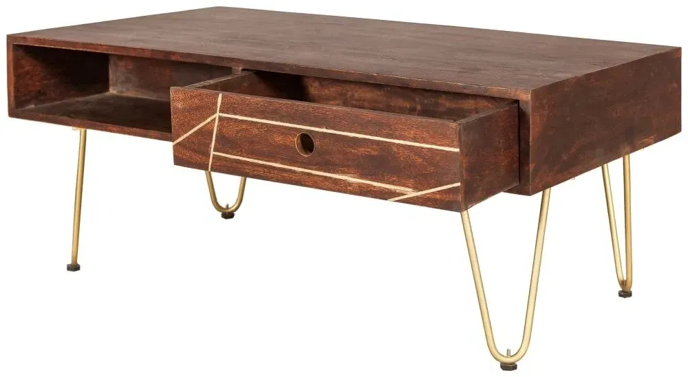 Kaza 1 Drawer Coffee Table with Hairpin Legs - Dark Walnut, Mango Wood