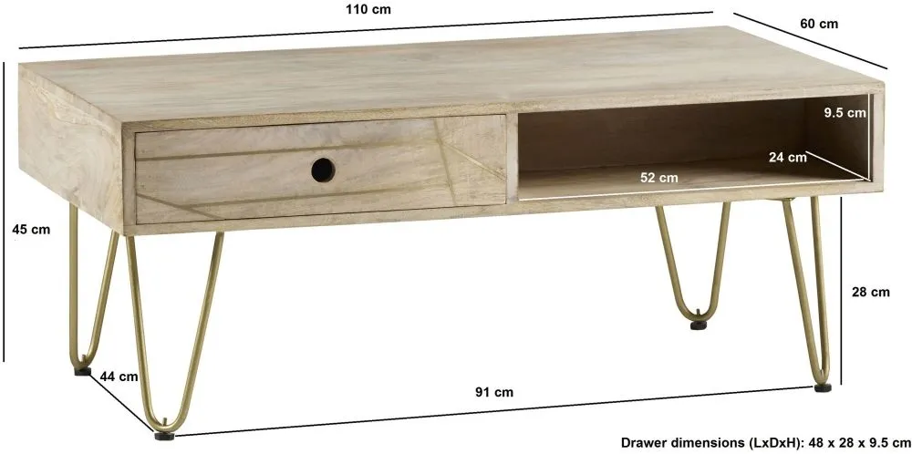 Kaza 1 Drawer Coffee Table with Hairpin Legs - Light Natural, Mango Wood