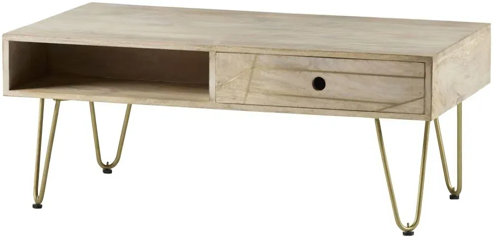 Kaza 1 Drawer Coffee Table with Hairpin Legs - Light Natural, Mango Wood
