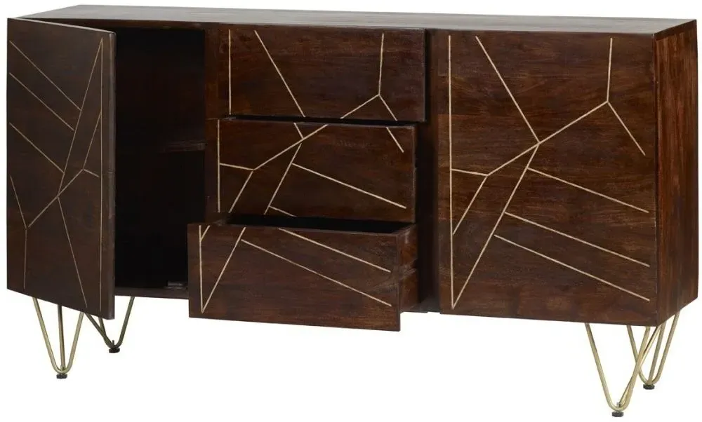 Kaza 160cm Large Sideboard with Gold Inlay - Dark Walnut, Mango Wood