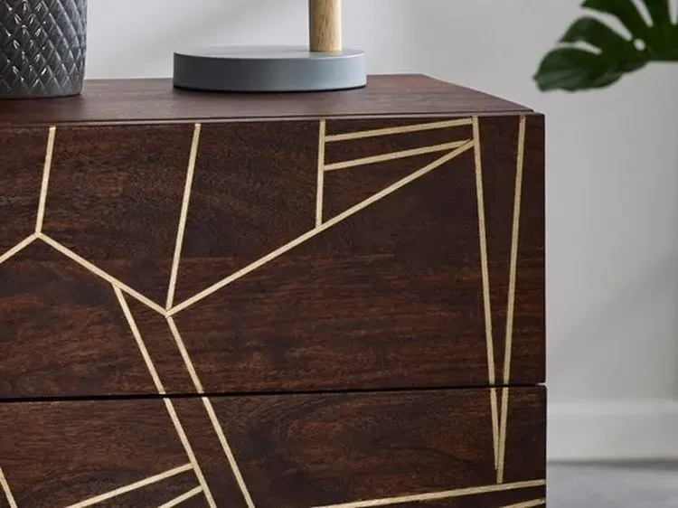 Kaza 2 Drawer Side Table with Gold Inlay - Dark Walnut, Mango Wood