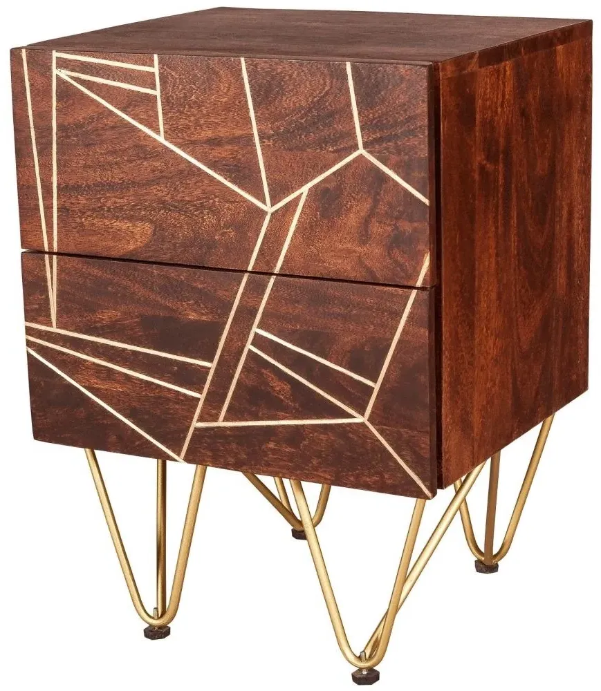 Kaza 2 Drawer Side Table with Gold Inlay - Dark Walnut, Mango Wood